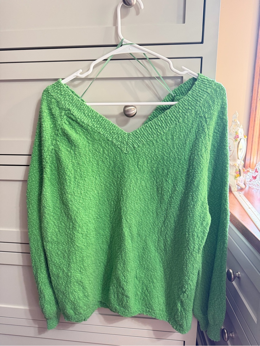 V-Neck Textured Lightweight Green Sweater